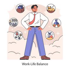 Work-Life balance. Harmonizing career and personal life for holistic body and mind harmony. Prioritizing well-being alongside professional duties. Flat vector illustration.