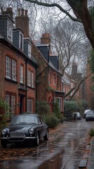 Fototapeta na wymiar Vintage car parked on wet cobblestone street by brick houses on foggy day