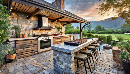 outdoor kitchen with a built-in grill, stone countertops, and a dining area