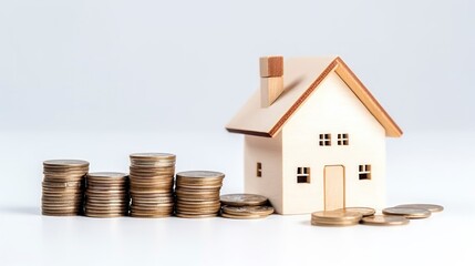 House model and coins on white background, saving money for buy a house concept