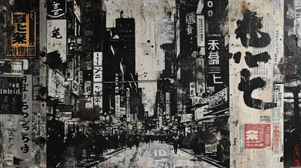 Generative AI, vintage grunge black and white collage poster with asian cityscape. Different textures and shapes	