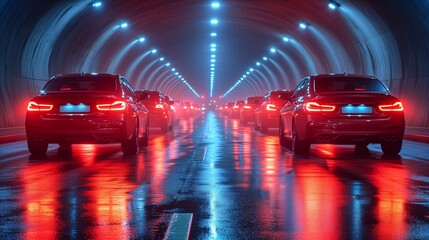 Illuminated cars in wet tunnel traffic creating gorgeous red reflections - obrazy, fototapety, plakaty