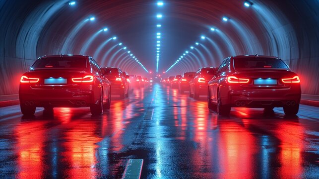 Fototapeta Illuminated cars in wet tunnel traffic creating gorgeous red reflections