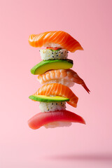 Sushi on a pastel pink background.Minimal concept.