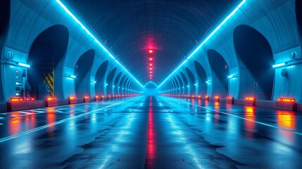 Futuristic tunnel with neon lights and wet asphalt road