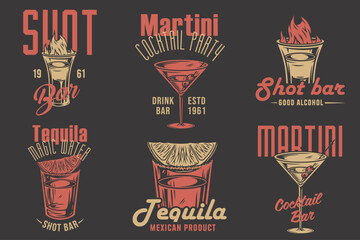 Tequila shot and martini vector set with lime and fire for alcohol cocktail bar or drink party. Vintage and retro emblem design collection for barman or bartender - obrazy, fototapety, plakaty