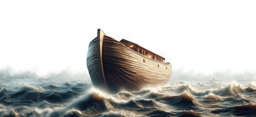 Noah's ark. Isolated transparent background. Stormy ocean. Biblical story. One couple of animals. Salvation. Prophet and prophecy. Listening to god's warnings. Troubled ocean. 