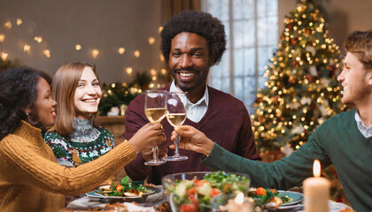 Portrait of a Handsome Young Black Man Proposing a Toast at a Christmas Dinner Table - obrazy, fototapety, plakaty