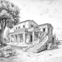 Pencil sketch best old greek house style anime image Generative AI