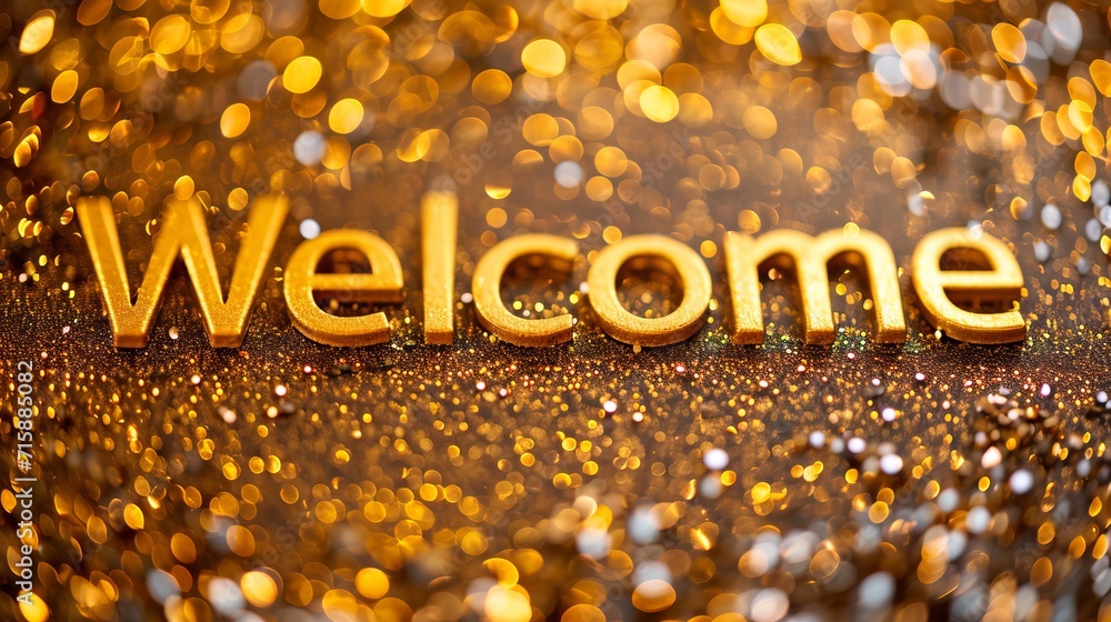 Poster welcome to a magical world postcard with golden text on bokeh sparkles background