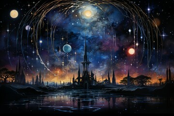 Obraz premium Celestial stargazers, mapping the constellations and unraveling the secrets of the universe - Generative AI