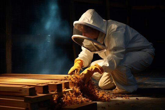 Beekeeper Engaged in Hive Maintenance