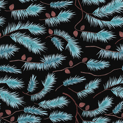 Isolated seamless pattern composed of watercolor drawings of pine branches and pine cones on a black background