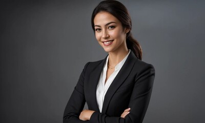 Happy young business woman posing isolated over grey wall background