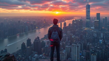 Solo traveler enjoying a majestic cityscape sunset from a high vantage point