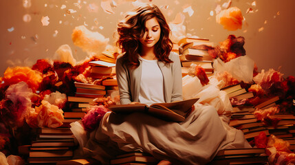Jeune fille assise lisant un livre - obrazy, fototapety, plakaty