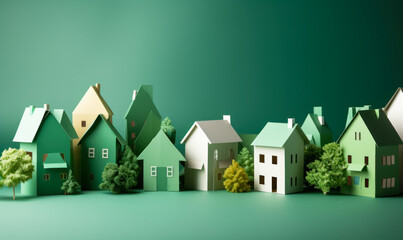 Assorted green paper houses on a green background symbolizing eco-friendly urban development, sustainable living, and community housing concepts