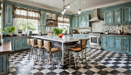 retro diner-style kitchen with a checkered floor, chrome accents, and vinyl barstools