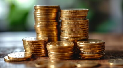 Stacks of golden coins on a wooden surface depicting financial growth