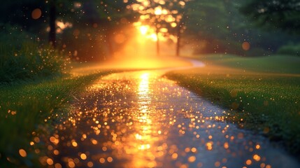 Serene sunset path with glistening raindrops and warm golden light