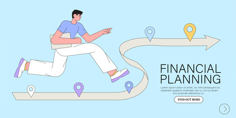 Roadmap, project milestone or business journey achievement, workflow or work process timeline to success, step planning or progress concept. Businessman run on milestone location on business roadmap.