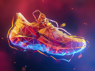Sneaker in low poly style, floating in the air, colorful background