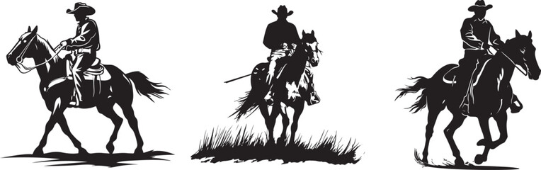 Set of cowboy ride a horse silhouette - obrazy, fototapety, plakaty