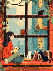 art illustration, girl with cats, books and coffee inside the house, on a rainy day