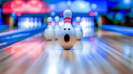shocked-faced bowling pin in the center of a bowling alley lane with a set of pins in the background, vibrant lighting reflecting on the polished wooden floor