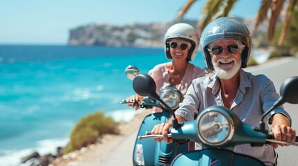 Elderly couple enjoys a city tour on a scooter in europe, providing a space for text placement.