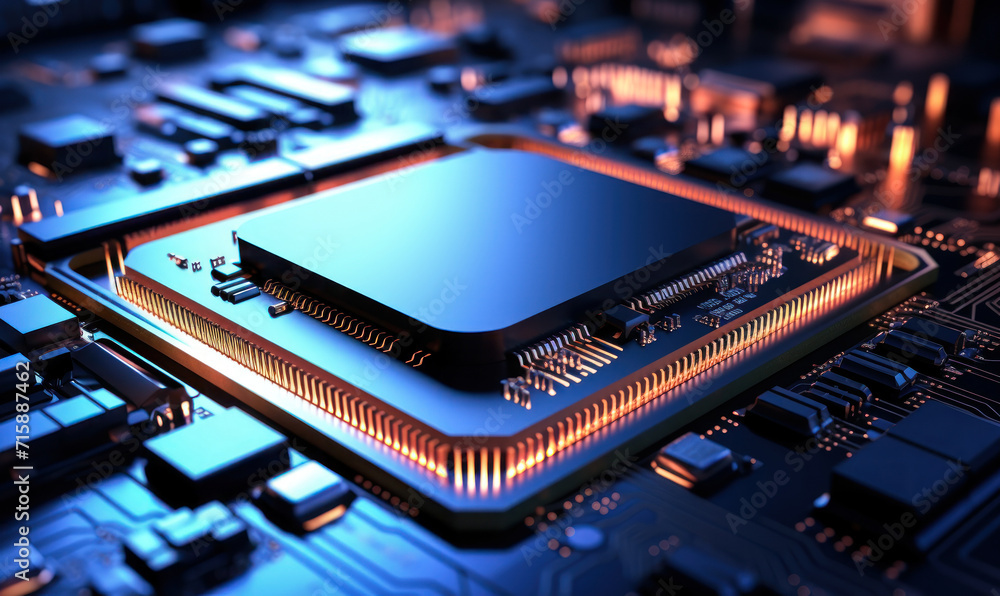 Poster high-tech microprocessor chip on a motherboard, a concept of advanced technology, computing power an