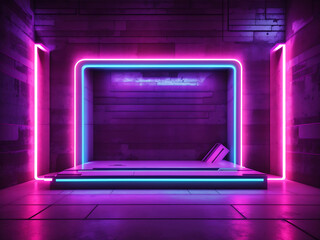 Futuristic Sci-Fi Elegant Modern Neon Glowing Rectangle Frame Shaped Lines Tubes Purple Pink Blue Colored Lights In Dark Empty Grunge Concrete Brick Room Background 3D Rendering Design.