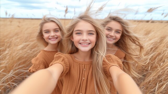 Three smiling young girls taking selfie in golden wheat field