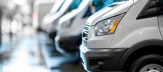 Commercial delivery vans parked in a row for transporting service company with copy space