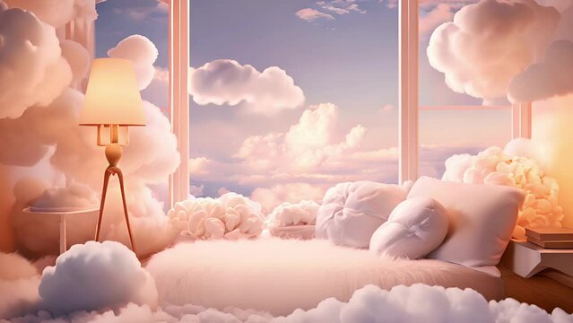 A peach fuzz pink bedroom with a furry bed and a lamp overlooking a sky filled with flying clouds through big window