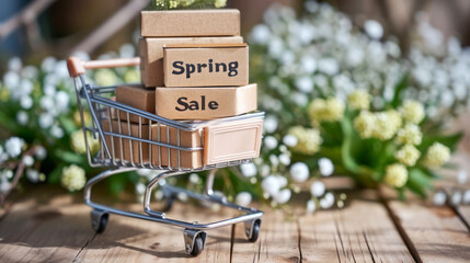 Miniature shopping cart or trolley with Spring Sale sign on cardboard boxes on a wooden surface, surrounded by white flowers, concept of seasonal discounts.
