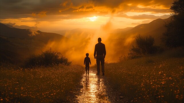 Father and son walking on path in golden sunset landscape