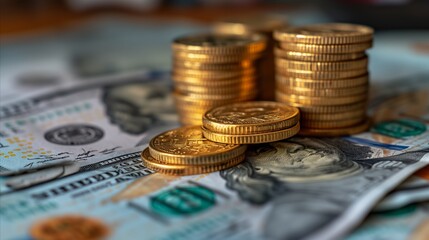 Close-up of stacked coins on us dollar bills concept