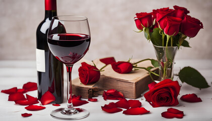 A romantic setup with wine, roses and petals, AI generated