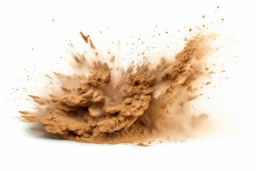 Pile of dirt flying into the air with white background.