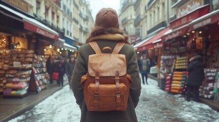 Female traveler exploring snowy city street with backpack - obrazy, fototapety, plakaty