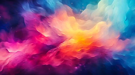 Photo sur Plexiglas Mélange de couleurs Abstract ethereal wave of colors with sparkling particles, a vibrant fantasy of pink, blue, and orange hues, resembling a dreamy nebula or a magical underwater scene