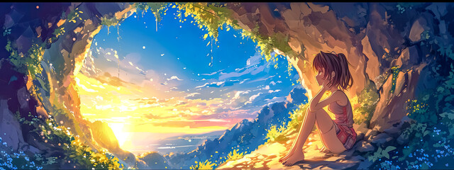 young girl sitting at the entrance of a cave, gazing out at a serene sunset, anime