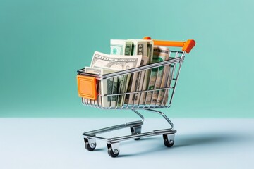 Miniature of a supermarket cart with money inside, bills, white background
