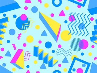 Memphis seamless pattern with 3d geometric shapes in 80s style. Colorful geometric pattern with isometric 3d shapes. Design of promotional products, wrapping paper and printing. Vector illustration