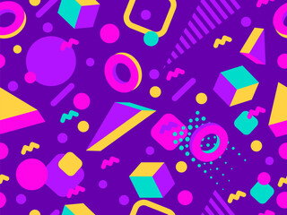 Memphis seamless pattern with 3d geometric shapes in 80s style. Colorful geometric pattern with isometric 3d shapes. Design of promotional products, wrapping paper and printing. Vector illustration
