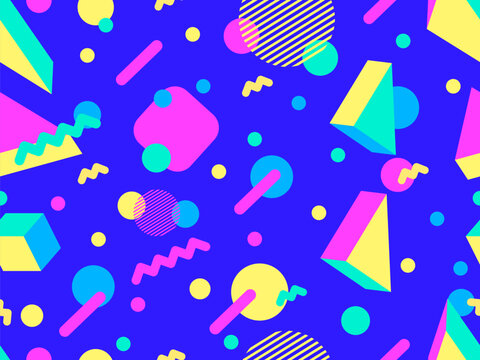 Memphis seamless pattern with 3d geometric shapes in 80s style. Colorful geometric pattern with isometric 3d shapes. Design of promotional products, wrapping paper and printing. Vector illustration