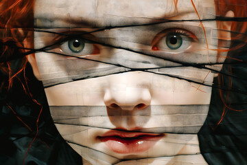 Femme avec des bandeaux transparent en travers du visage