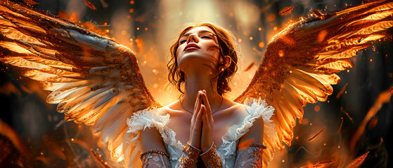 Beautiful and perfect angel woman with wings kneeling in prayer