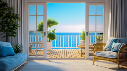 Appartement avec balcon et vue sur la mer - obrazy, fototapety, plakaty